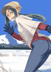 Rule 34 | 1girl, :d, ass, bad id, bad pixiv id, blue hair, breath, day, denim, gloves, hat, hood, hoodie, jeans, long hair, long sleeves, looking at viewer, naro0427, open mouth, original, pants, sky, smile, snow, solo, sweater, waving, yellow eyes