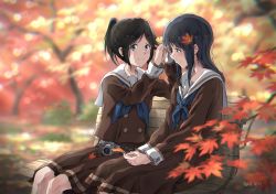 Rule 34 | 2girls, autumn, autumn leaves, bench, black hair, blue eyes, blue neckerchief, blurry, blurry background, brown eyes, brown shirt, brown skirt, camera, closed mouth, commentary request, dappled sunlight, dated, depth of field, feet out of frame, ginkgo leaf, hair ornament, hibike! euphonium, holding, holding leaf, kasaki nozomi, leaf, leaf hair ornament, liz to aoi tori, long hair, long sleeves, looking at viewer, medium skirt, multiple girls, neckerchief, outdoors, park, park bench, parted bangs, sailor collar, shirt, short hair, short ponytail, sidelocks, signature, skirt, smile, sunlight, tree bowbow, white sailor collar, yoroizuka mizore, yuri