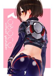 Rule 34 | 1girl, absurdres, ass, back, blue gloves, blue pants, blush, bob cut, brown hair, butt crack, camouflage, camouflage jacket, character name, closed mouth, commentary request, crop top, cropped jacket, elbow gloves, from behind, gloves, highres, hololive, izumi sai, jacket, looking at viewer, looking back, mechanical arms, pants, roboco-san, roboco-san (1st costume), short hair, short sleeves, simple background, single mechanical arm, skin tight, solo, standing, virtual youtuber, yellow eyes