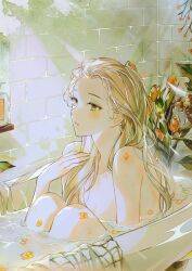 Rule 34 | 1girl, absurdres, bare shoulders, bath, bathroom, bathtub, blonde hair, blush, brick wall, collarbone, completely nude, flat chest, flower, forehead, green eyes, hand on own chest, highres, indoors, knees to chest, knees up, legs together, long hair, looking ahead, ma yoyo, nude, orange flower, orange tulip, original, parted bangs, partially submerged, plant, raised eyebrows, shelf, unworn shirt, sidelocks, sitting, solo, tulip, upper body, water