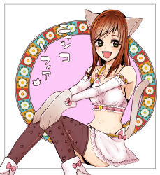 Rule 34 | 1girl, animal ears, black thighhighs, blush, breasts, brown hair, cat ears, cat tail, collarbone, gloves, green eyes, hair ornament, hairclip, highres, long hair, looking at viewer, medium breasts, navel, open mouth, rorongaxx, skirt, smile, solo, sophia esteed, star ocean, star ocean till the end of time, tail, thighhighs