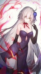 Rule 34 | 1girl, absurdres, ahoge, bare shoulders, black dress, black gloves, black thighhighs, blue flower, breasts, character cutout, cleavage, collarbone, commentary request, dress, elbow gloves, fate/grand order, fate (series), flower, gloves, hair between eyes, hair flower, hair ornament, highres, huge filesize, jeanne d&#039;arc (fate), jeanne d&#039;arc alter (avenger) (fate), jeanne d&#039;arc alter (fate), koki 1009, large breasts, long hair, looking at viewer, official alternate costume, red neckwear, red ribbon, ribbon, solo, thighhighs, white hair, yellow eyes