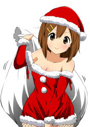 Rule 34 | &gt;:&gt;, 1girl, :&gt;, bare shoulders, blush, breasts, brown eyes, brown hair, christmas, cleavage, detached sleeves, fishnet pantyhose, fishnets, hair ornament, hairclip, hat, hirasawa yui, holding, k-on!, long sleeves, looking at viewer, motion lines, official style, pantyhose, ragho no erika, sack, santa costume, santa hat, simple background, solo, v-shaped eyebrows, white background