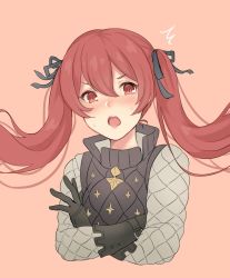 Rule 34 | 1girl, black ribbon, blush, crossed arms, fire emblem, fire emblem fates, gloves, hair ribbon, long hair, nintendo, open mouth, orange background, red eyes, red hair, ribbon, selena (fire emblem fates), shimizu akina, simple background, solo, twintails, upper body