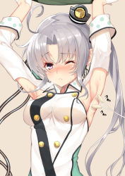 Rule 34 | 10s, 1girl, ;&lt;, ahoge, akitsushima (kancolle), armpits, arms up, blush, breasts, commentary request, earrings, gloves, hat, jewelry, kantai collection, long hair, medium breasts, mini hat, one eye closed, purple eyes, side ponytail, silver hair, solo focus, sweat, tickling, tickling armpits, uniform, yappen, yatsu (sasuraino)