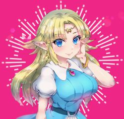 Rule 34 | 1girl, bangle, belt, belt buckle, blonde hair, blue dress, blue eyes, blush, bracelet, breasts, brooch, buckle, chichi band, circlet, closed mouth, collared dress, dress, gem, hand on own cheek, hand on own face, highres, jewelry, long hair, looking at viewer, medium breasts, nintendo, parted bangs, pointy ears, princess zelda, puffy short sleeves, puffy sleeves, short sleeves, sidelocks, smile, solo, straight hair, teeth, the legend of zelda, the legend of zelda: a link to the past, two-tone background, upper teeth only, white sleeves