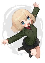 Rule 34 | 1girl, :d, black footwear, black skirt, black socks, blonde hair, blue eyes, commentary, dated, fang, girls und panzer, green jacket, jacket, jumping, katyusha (girls und panzer), long sleeves, looking at viewer, miniskirt, open mouth, outstretched arms, pleated skirt, pravda school uniform, red shirt, school uniform, shirt, shoes, short hair, simple background, skirt, smile, socks, solo, spread arms, tan (inka), turtleneck, white background