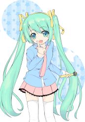 Rule 34 | 1girl, absurdres, atsuiiscarlet, blush, finger to mouth, hatsune miku, highres, lace, lace-trimmed legwear, lace trim, long hair, microphone, ribbon, skirt, smile, solo, thighhighs, twintails, very long hair, vocaloid