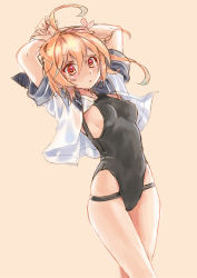 Rule 34 | 1girl, ahoge, alternate costume, arms up, beige background, black one-piece swimsuit, blue sailor collar, breasts, casual one-piece swimsuit, commentary request, cowboy shot, hair ornament, i-58 (kancolle), kantai collection, katahira masashi, one-piece swimsuit, open clothes, orange hair, red eyes, sailor collar, sailor shirt, school uniform, serafuku, shirt, short hair, simple background, small breasts, solo, swimsuit, swimsuit under clothes, turtleneck, white shirt