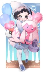 Rule 34 | 1girl, azuki anko, bag, balloon, black eyes, black hair, blunt bangs, blush stickers, border, brick floor, bubble, character doll, commentary request, creatures (company), day, doll, dress, game freak, grey dress, grey footwear, grey jacket, grin, highres, holding, holding doll, jacket, looking at viewer, nintendo, outdoors, pantyhose, pleated dress, poke ball print, pokemon, pokemon sv, poppy (pokemon), shoes, smile, solo, teeth, tinkaton, white border, white pantyhose