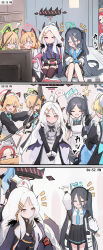 Rule 34 | 6+girls, absurdly long hair, absurdres, ahoge, ako (blue archive), anger vein, apron, aris (blue archive), aris (maid) (blue archive), arms up, black dress, black gloves, black hair, black hairband, black horns, black skirt, blonde hair, blue archive, blue hair, blue halo, blue necktie, blush, closed eyes, closed mouth, collared shirt, controller, demon horns, demon wings, dress, game controller, gloves, green eyes, green halo, grey hair, hairband, halo, highres, hina (blue archive), holding, holding controller, holding game controller, horns, jacket, long hair, long sleeves, maid, maid apron, maid headdress, midori (blue archive), midori (maid) (blue archive), momoi (blue archive), momoi (maid) (blue archive), multiple girls, multiple horns, necktie, nekoya (liu), official alternate costume, one side up, open clothes, open jacket, open mouth, pink halo, playing games, pleated skirt, puffy short sleeves, puffy sleeves, purple eyes, purple wings, red eyes, red hair, shirt, short hair, short sleeves, siblings, sisters, skirt, smile, television, toki (blue archive), twins, very long hair, white apron, white jacket, white shirt, wings, yuzu (blue archive), yuzu (maid) (blue archive)