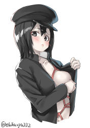 Rule 34 | 1girl, akitsu maru (kancolle), black eyes, black hair, black hat, black jacket, blush, breasts, commentary request, cropped torso, ebifurya, furrowed brow, hair between eyes, hat, high collar, highres, jacket, kantai collection, looking at viewer, medium breasts, medium hair, military, military uniform, open clothes, open jacket, pale skin, peaked cap, red rope, rope, shibari, shibari under clothes, simple background, solo, twitter username, uniform, white background