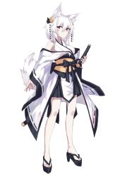 Rule 34 | 1girl, animal ears, bare shoulders, facial mark, fox ears, fox tail, full body, hair between eyes, hair ornament, highres, iwashi (nisankatanso), japanese clothes, katana, looking at viewer, okobo, original, platform clogs, red eyes, sandals, short hair, simple background, solo, standing, sword, tail, weapon, white background, white hair