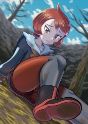 Rule 34 | 1girl, arezu (pokemon), bare tree, black footwear, blurry, blush, boots, bracelet, brown eyes, brown hair, closed mouth, cloud, collarbone, commentary request, cowlick, creatures (company), day, from below, game freak, gradient legwear, grey jacket, highres, jacket, jewelry, long sleeves, nintendo, oka mochi, outdoors, pantyhose, pantyhose under shorts, pokemon, pokemon legends: arceus, sad, short hair, shorts, sitting, sky, solo, tree