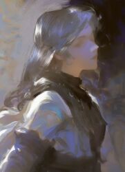 Rule 34 | 1girl, armor, art study, black hair, closed eyes, closed mouth, faux traditional media, from side, grey hair, highres, lips, long hair, long sleeves, nose, original, painterly, profile, shirt, sketch, solo, sunlight, upper body, white shirt, yuming li