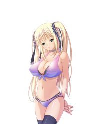 Rule 34 | bikini, blonde hair, blush, breasts, cleavage, covered erect nipples, green eyes, kyonyuu majo, large breasts, smile, swimsuit, tenma cecile, thighhighs, twintails