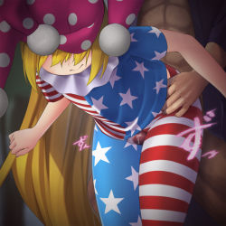 Rule 34 | 1boy, 1girl, afterimage, american flag dress, american flag legwear, bent over, between thighs, black shirt, blonde hair, bottomless, censored, closed mouth, clownpiece, flag print, hat, hetero, jester cap, long hair, mikami yuuki (nl8you), mosaic censoring, motion blur, muscular, open clothes, open shirt, pantyhose, penis, pink hat, polka dot, polka dot headwear, precum, shirt, short sleeves, smile, solo focus, standing, star (symbol), star print, striped clothes, striped pantyhose, thigh sex, touhou, very long hair