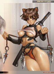 Rule 34 | 1girl, aliori haberi, breasts, brown hair, covered erect nipples, elbow gloves, gloves, greaseberries, highres, large breasts, looking at viewer, ninja, shiny skin, shirou masamune, short hair, skin tight, spandex, sword, weapon