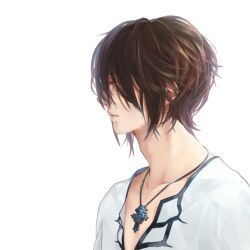 Rule 34 | 1boy, adam&#039;s apple, blue eyes, brown hair, collarbone, earrings, final fantasy, final fantasy viii, from side, jewelry, male focus, messy hair, necklace, nini tw99, sad, shirt, short hair, simple background, solo, squall leonhart, stud earrings, v-neck, white background, white shirt