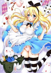 Rule 34 | 1girl, absurdres, alice (alice in wonderland), alice in wonderland, animal ears, black bow, blonde hair, blue eyes, bow, bow panties, card, hair bow, highres, hmdark-9, long hair, panties, pink panties, playing card, pocket watch, striped clothes, striped thighhighs, tea, thighhighs, traditional media, underwear, watch, white rabbit (alice in wonderland)