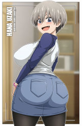 Rule 34 | 1girl, ass, black pantyhose, blue eyes, blue skirt, blurry, blurry background, border, breasts, cowboy shot, fang, from behind, grey hair, highres, huge ass, indoors, large breasts, long sleeves, looking at viewer, open mouth, outline, pantyhose, sano br, shirt, short hair, skirt, smile, solo, standing, tongue, uzaki-chan wa asobitai!, uzaki hana, white border, white outline, white shirt