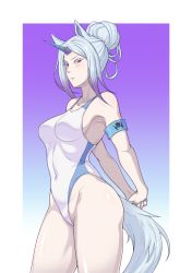Rule 34 | 1girl, absurdres, animal ears, armband, arms behind back, blue armband, blue background, blue nails, blush, breasts, colored eyelashes, competition swimsuit, cowboy shot, fingernails, from side, gradient background, gradient hair, grey hair, hair bun, highleg, highleg swimsuit, highres, horns, impossible clothes, impossible swimsuit, kirin (monster hunter), looking at viewer, medium breasts, monster hunter, monster hunter: world, monster hunter (series), multicolored hair, nail polish, navel, one-piece swimsuit, outline, pink lips, purple background, purple hair, red eyes, revision, shiny skin, sidelocks, single hair bun, single horn, solo, stretching, swimsuit, tail, thighs, two-tone background, white background, white one-piece swimsuit, yamanata