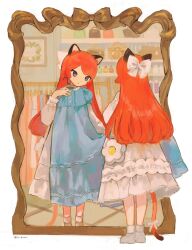 Rule 34 | 1girl, animal ears, bag, basket, blue dress, bow, clothes rack, commentary request, dot nose, dress, flower, frilled dress, frills, grey bow, grey dress, grey footwear, hair bow, hand up, highres, holding, holding clothes, holding dress, long hair, looking at mirror, mirror, myu (3u gumi), orange hair, orange tail, original, parted lips, picture frame, purple eyes, reflection, ribbon, tail, tail ornament, tail ribbon, twitter username