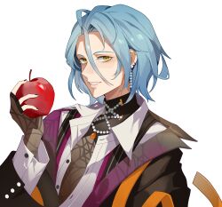 Rule 34 | 1boy, absurdres, apple, beads, black jacket, black nails, chinese commentary, closed mouth, collared shirt, commentary request, ensemble stars!, food, fruit, hair between eyes, highres, himeru (ensemble stars!), holding, holding food, holding fruit, jacket, jewelry, long sleeves, male focus, miamante77, necklace, open clothes, open jacket, open shirt, portrait, shirt, short hair, simple background, smile, solo, spider web tattoo, white background, white shirt, yellow eyes