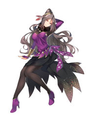 Rule 34 | 1girl, boots, brown hair, feathers, full body, fur trim, hair bun, hairband, high heel boots, high heels, kuon rinne, lipstick, long hair, makeup, official art, omega labyrinth, omega labyrinth z, pantyhose, ponytail, purple eyes, simple background, single hair bun, solo, tousaki umiko, white background