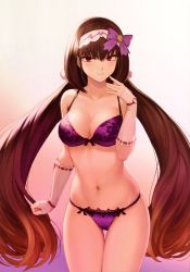 Rule 34 | 1girl, absurdres, bare shoulders, belly, black hair, blush, bow, bra, breasts, brown hair, cleavage, collarbone, detached sleeves, fate/grand order, fate (series), gradient background, groin, hair between eyes, hair ornament, hairband, hand up, highres, lace, lace-trimmed panties, lace trim, large breasts, lingerie, long hair, looking at viewer, low twintails, lowleg, lowleg panties, mashuu (neko no oyashiro), medium breasts, navel, osakabehime (fate), panties, purple eyes, ribbon-trimmed bra, ribbon-trimmed panties, scan, sidelocks, signature, skindentation, solo, thighs, third-party source, twintails, underwear, underwear only, very long hair