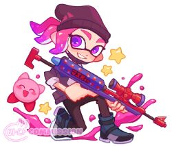 Rule 34 | 1girl, beanie, black hat, commentary, commission, english commentary, full body, gun, hat, holding, holding gun, holding weapon, inkling, inkling girl, inkling player character, kirby, kirby (series), nintendo, paint, pink hair, pointy ears, purple eyes, scope, short hair, smile, solo, splat charger (splatoon), splatoon (series), splatoon 3, star (symbol), teeth, tentacle hair, tokkibada, watermark, weapon, white background