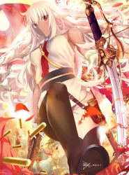 Rule 34 | 1girl, bare shoulders, black footwear, boots, braid, breasts, closed mouth, dark skin, fate/grand order, fate (series), gloves, gun, knee up, lakshmibai (fate), large breasts, long hair, looking at viewer, pants, petals, red eyes, resolution mismatch, saber (weapon), sheath, shell casing, shirt, side braids, sleeveless, sleeveless shirt, source larger, sword, thigh boots, thighhighs, twin braids, very long hair, weapon, white gloves, white hair, white pants, yipaint
