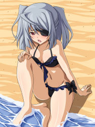 Rule 34 | 10s, 1girl, arm support, bare shoulders, barefoot, beach, bikini, black bikini, blush, body blush, breasts, breasts apart, collarbone, eyepatch, feet, female focus, frilled bikini, frills, front-tie top, hair between eyes, hand on own knee, highres, infinite stratos, laura bodewig, legs, looking away, mei ichi, navel, open mouth, partially submerged, red eyes, ribbon, sand, shiny skin, short twintails, silver hair, sitting, small breasts, solo, swimsuit, thighs, twintails, water