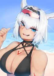 Rule 34 | 1girl, animal ears, bare shoulders, beach, bikini, black bikini, blue eyes, blue sky, body markings, breasts, caenis (fate), caenis (swimsuit rider) (fate), chadzuke meshi, cleavage, collarbone, fate/grand order, fate (series), goggles, hairband, highres, large breasts, long hair, looking at viewer, open mouth, shore, sky, smile, solo, swimsuit, thumbs up, very long hair, white hair