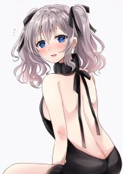 Rule 34 | 10s, 1girl, alternate costume, aran sweater, ass, backless dress, backless outfit, bare back, bare shoulders, black ribbon, blue eyes, blush, breasts, butt crack, cable knit, dress, flying sweatdrops, from behind, hair ribbon, halterneck, kantai collection, kashima (kancolle), large breasts, looking at viewer, looking back, meme attire, naked sweater, no headwear, open mouth, ribbed sweater, ribbon, sakura hiyori, sideboob, silver hair, solo, sweater, sweater dress, turtleneck, turtleneck sweater, virgin killer sweater, wavy hair