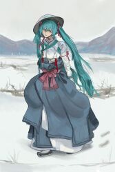 1girl absurdres aqua_eyes aqua_hair black_footwear blue_skirt full_body hanbok hat hatsune_miku highres kkghost_tv korea korean_clothes long_hair mountainous_horizon outdoors pointed_footwear rice_hat skirt sky snow solo south_korea twintails very_long_hair vocaloid winter worldwide_miku