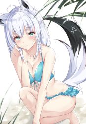 Rule 34 | 1girl, ahoge, animal ears, aqua bikini, aqua eyes, bare legs, barefoot, bikini, blush, braid, breasts, breasts squeezed together, cleavage, closed mouth, collarbone, commentary, fox ears, fox tail, frilled bikini, frills, hair between eyes, hand on own cheek, hand on own face, highres, hololive, kneeling, long hair, looking at viewer, medium breasts, midriff, pentagram, shirakami fubuki, shirakami fubuki (hololive summer 2019), side braid, silver hair, simple background, smile, solo, swimsuit, symbol-only commentary, tail, taracomax, thighs, virtual youtuber, white background