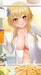 Rule 34 | 1girl, :q, areola slip, artist name, blonde hair, blush, breasts, cleavage, collarbone, flower, food, fukuro daizi, genshin impact, hair between eyes, hair flower, hair ornament, highres, large breasts, long sleeves, looking at viewer, lumine (genshin impact), open clothes, open shirt, refrigerator, shirt, signature, smile, solo, tongue, tongue out, twitter username, white shirt, yellow eyes