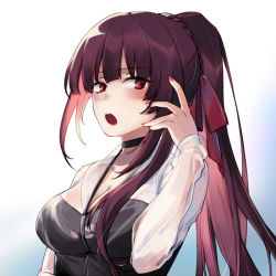 Rule 34 | 1girl, :o, black one-piece swimsuit, blush, braid, breasts, choker, crown braid, girls&#039; frontline, gradient background, hair ribbon, hand up, large breasts, long hair, looking at viewer, official alternate costume, one-piece swimsuit, open mouth, ponytail, purple hair, red eyes, red ribbon, ribbon, see-through, shirt, simple background, solo, swimsuit, swimsuit under clothes, upper body, wa2000 (girls&#039; frontline), wa2000 (op. manta ray) (girls&#039; frontline), white shirt, yorktown cv-5