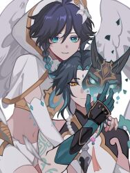 Rule 34 | 2boys, androgynous, angel, angel wings, aqua eyes, aqua hair, black hair, braid, cape, chinese clothes, closed mouth, expressionless, feathered wings, flower, genshin impact, gloves, hair flower, hair ornament, highres, holding, holding mask, hug, looking at viewer, low twin braids, male focus, mask, multiple boys, shirt, shorts, smile, teeth, twin braids, unik0503, venti (archon) (genshin impact), venti (genshin impact), white background, white cape, white flower, white gloves, white shirt, white shorts, white wings, wings, xiao (genshin impact), yaoi