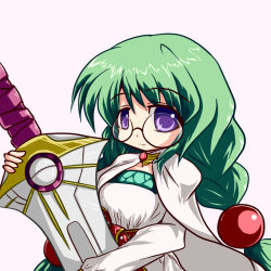 Rule 34 | 1girl, braid, cape, female focus, glasses, green hair, hair ornament, hairpin, long hair, mojap, philia felice, purple eyes, simple background, smile, solo, sword, tales of (series), tales of destiny, twintails, weapon