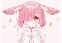 Rule 34 | 1girl, alternate eye color, animal ear fluff, animal ears, arm strap, blush, closed mouth, fate/grand order, fate (series), fur-trimmed gloves, fur trim, gloves, hair over one eye, harukappa, kemonomimi mode, looking at viewer, mash kyrielight, medium hair, pink hair, portrait, rabbit ears, red eyes, solo, white gloves
