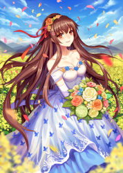 Rule 34 | 10s, 1girl, alternate costume, alternate hairstyle, blue dress, blue flower, blurry, bouquet, breasts, brown eyes, brown hair, bug, butterfly, cleavage, day, depth of field, dress, elbow gloves, field, flower, flower field, gloves, hair flower, hair ornament, holding, holding bouquet, bug, kantai collection, long hair, mirror (xilu4), mountainous horizon, orange flower, outdoors, petals, pink flower, purple flower, red flower, solo, standing, very long hair, white dress, white flower, white gloves, yamato (kancolle), yellow flower