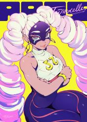 Rule 34 | 1girl, arms (game), bracelet, character name, crossed arms, dark skin, dark-skinned female, drill hair, earrings, eyelashes, fishine, highres, jewelry, looking at viewer, mask, smile, solo, twin drills, twintails, twintelle (arms)