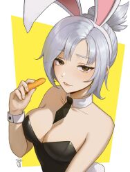 Rule 34 | 1girl, animal ears, banana (bananapie), bare shoulders, battle bunny riven, black leotard, black necktie, breasts, brown eyes, cleavage, collarbone, commentary, commission, detached collar, english commentary, fake animal ears, fingernails, highres, holding carton, league of legends, leotard, light blush, looking at viewer, medium breasts, necktie, official alternate costume, parted lips, playboy bunny, ponytail, rabbit ears, rabbit tail, riven (league of legends), simple background, sleeveless, solo, tail, upper body, white hair