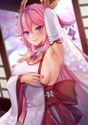Rule 34 | 1girl, arm up, armpits, bad id, bad pixiv id, blouse, blurry, blurry background, blush, breasts, closed mouth, commentary, depth of field, detached sleeves, fino ko, gem, genshin impact, hair between eyes, hair ornament, highres, indoors, japanese clothes, kimono, large breasts, long hair, looking at viewer, miko, nail polish, pink hair, pink lips, purple eyes, purple nails, shirt, sideboob, smile, solo, sweat, upper body, very long hair, white shirt, wide sleeves, yae miko