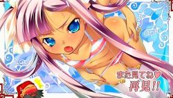 Rule 34 | 00s, 1girl, bent over, blue eyes, bra, flat chest, hikage eiji, koihime musou, lingerie, long hair, navel, panties, panty pull, pink hair, ribbon, solo, sonshoukou, striped clothes, striped panties, thighhighs, twintails, underwear, underwear only, undressing
