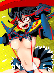 Rule 34 | 10s, 1girl, angry, black hair, breasts, hato no ossan, kill la kill, large breasts, matoi ryuuko, multicolored hair, navel, open mouth, red eyes, red hair, revealing clothes, senketsu, short hair, solo, two-tone hair, underboob
