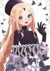 Rule 34 | 1girl, abigail williams (event portrait) (fate), abigail williams (fate), absurdres, black hat, black shirt, blonde hair, blue eyes, blush, bodystocking, braid, braided ponytail, breasts, collarbone, dress, fate/grand order, fate (series), forehead, grey dress, hat, highres, keyhole, lazu0721, long hair, long sleeves, looking at viewer, off shoulder, open mouth, parted bangs, shirt, sidelocks, small breasts, smile, solo, very long hair