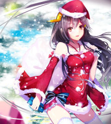 Rule 34 | 10s, 1girl, :d, bare shoulders, black hair, blurry, blush, bow, box, carrying over shoulder, christmas, cowboy shot, detached sleeves, dress, fur trim, gift, gift box, hair ornament, hairclip, haruna (kancolle), hat, headgear, kantai collection, long hair, nekomaaro, open mouth, red dress, red hat, santa costume, santa hat, smile, snowing, solo, striped, striped bow, thighhighs, white thighhighs, wide sleeves, yellow eyes, zettai ryouiki